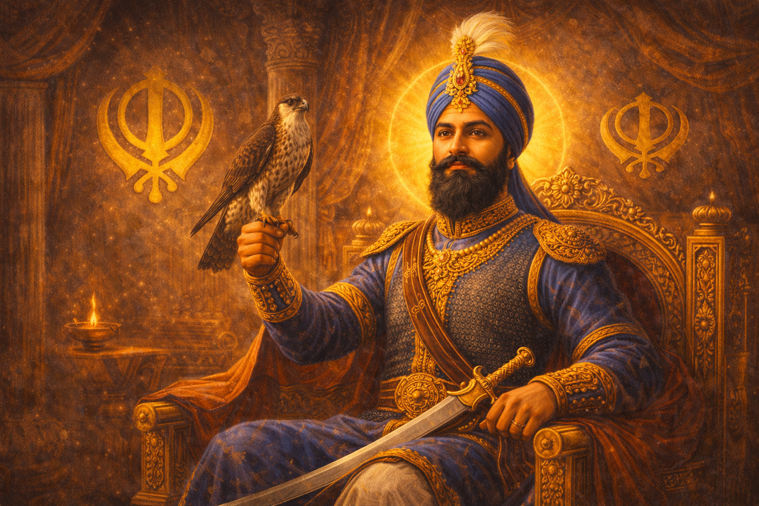 Guru Gobind Singh Ji with Falcon on Royal Throne